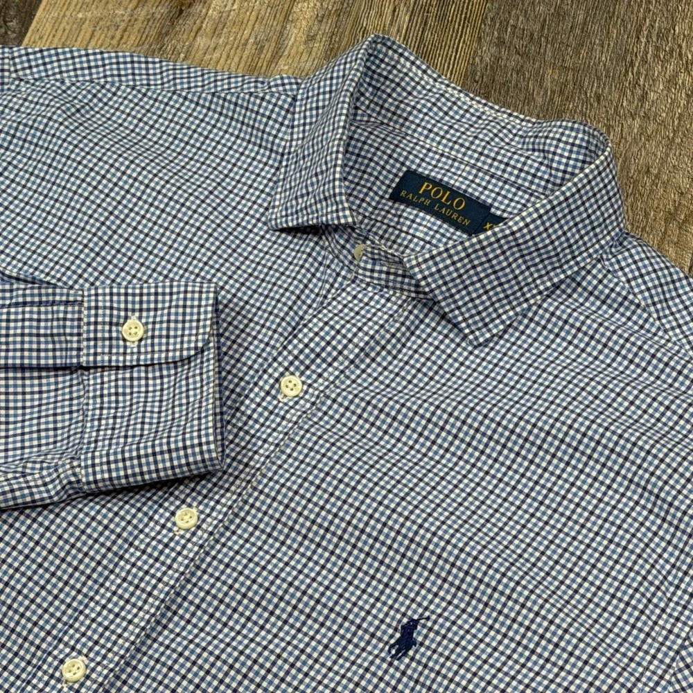 Polo Ralph Lauren Mens XXL Blue Micro Gingham Check Button Down Long Sleeve